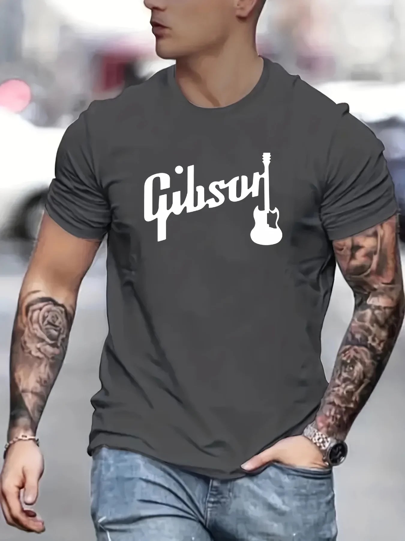 Back view of the Gibson guitar tee showing the smooth cotton fabric and stitching.