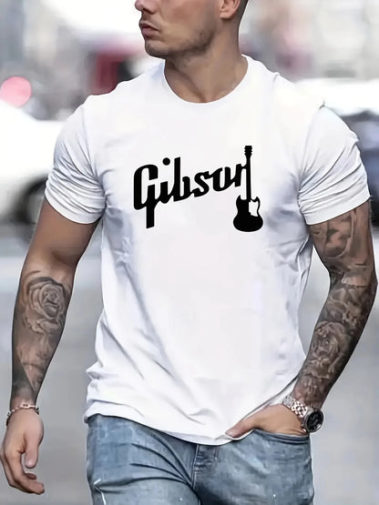 Close-up of the Gibson-style guitar print on the T-shirt, highlighting texture and detail.