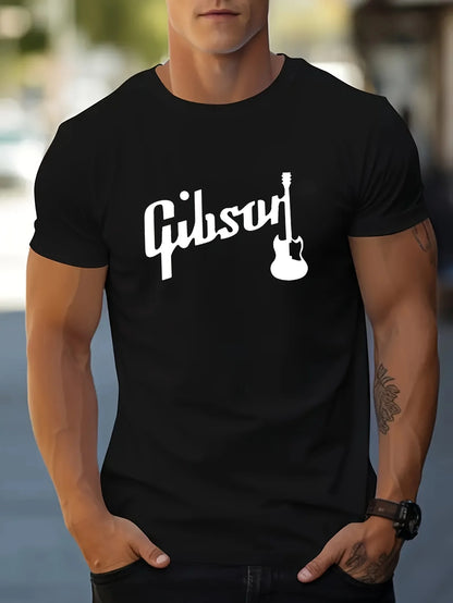 Front view of men’s Gibson guitar printed T-shirt made from 100% cotton.