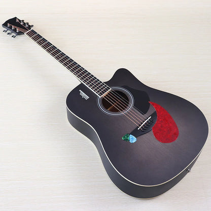 Side profile shot of the thin-body guitar, highlighting its slim design and ergonomic comfort.