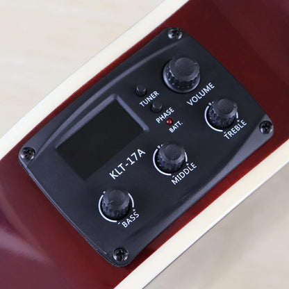 Close-up of the guitar’s headstock, showing tuning pegs and logo on this acoustic-electric model.