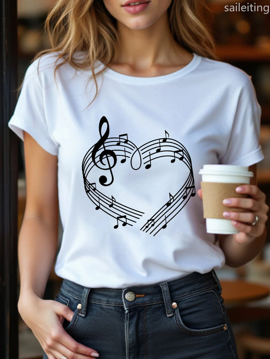 Front view of the women’s white t-shirt with a heart and music note print, styled on a mannequin or flat-lay.