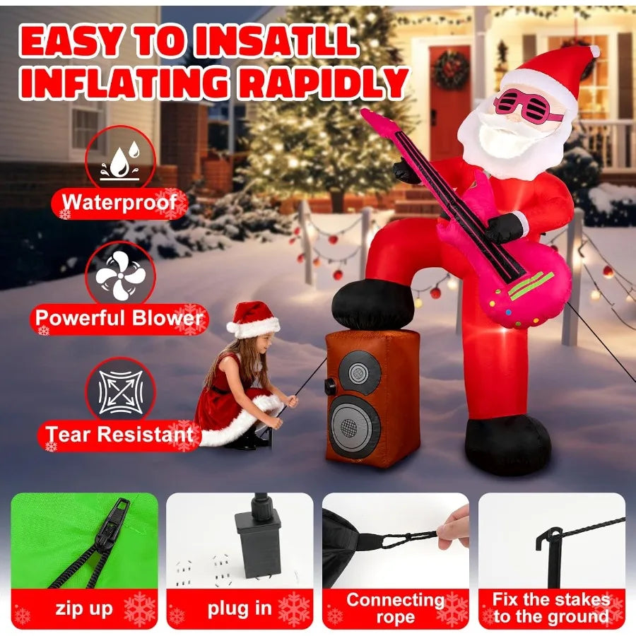 Santa inflatable secured with rope and ground stakes to prevent it from tipping in wind.