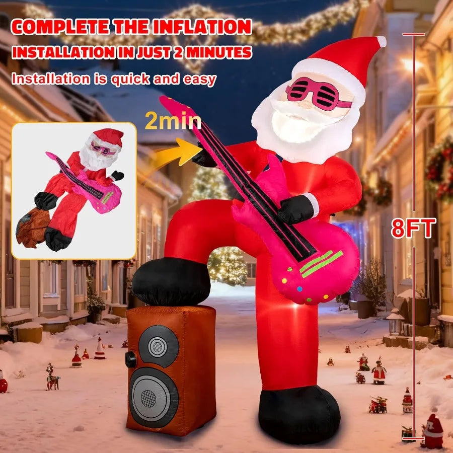 Side profile of the Santa inflatable holding a guitar, showing height and structure.
