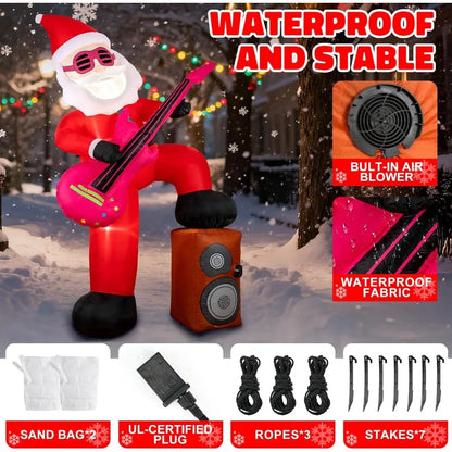 Close-up of the Santa inflatable’s LED lights glowing warmly at dusk in a Christmas yard setup.