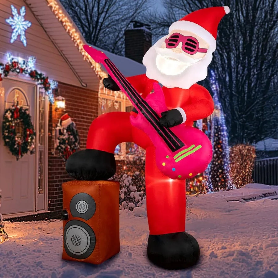 Front view of the 8-ft inflatable Santa playing a guitar in a festive holiday yard display.