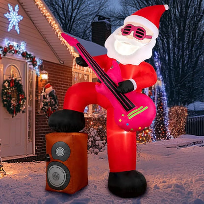 Front view of the 8-ft inflatable Santa playing a guitar in a festive holiday yard display.