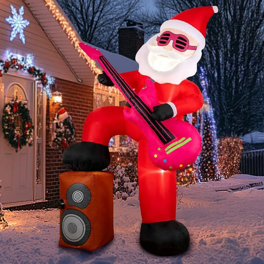 Front view of the 8-ft inflatable Santa playing a guitar in a festive holiday yard display.