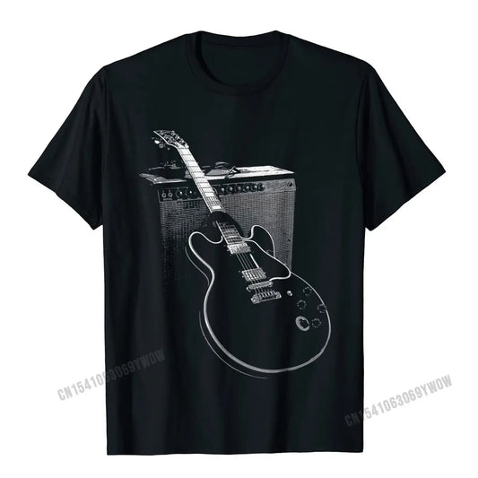 The front view of a Legendary Blues Guitar & Amp T-shirt with a vintage guitar and amplifier graphic.