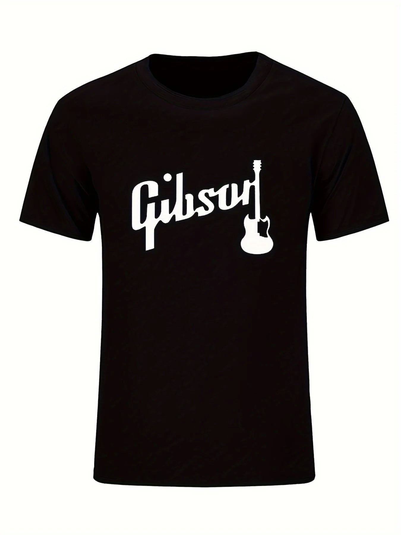 A man wearing the Gibson guitar printed tee casually, styled for daily wear.