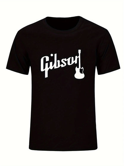A man wearing the Gibson guitar printed tee casually, styled for daily wear.