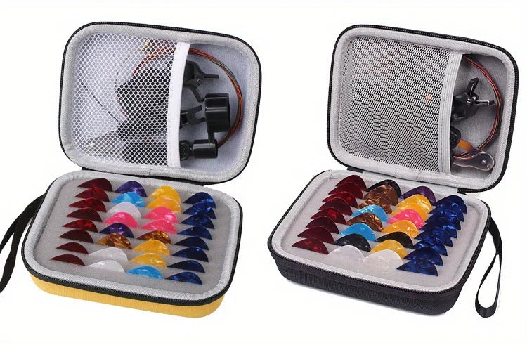 Open pick holder case displaying the compartment for strings, capos, tuners, and other gear.