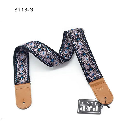 Image focusing on the backside of the soft cotton guitar strap, emphasizing the non-slip material and comfortable design that prevents irritation and rubbing on the shoulder during long practice sessions.