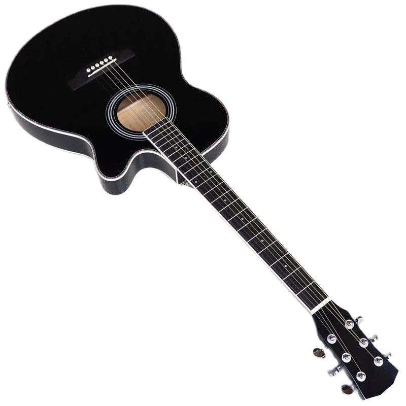 A sleek thin-body acoustic-electric guitar in black finish, ideal for beginner musicians and travel.