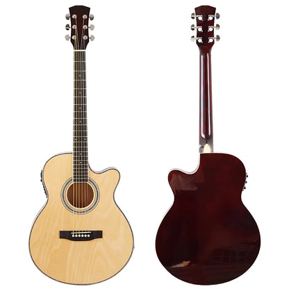 Natural wood finish thin-body acoustic-electric guitar showcasing classic design and portability.