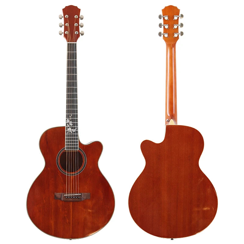 Thin-body acoustic-electric guitar alongside a set of extra strings, perfect for new players.