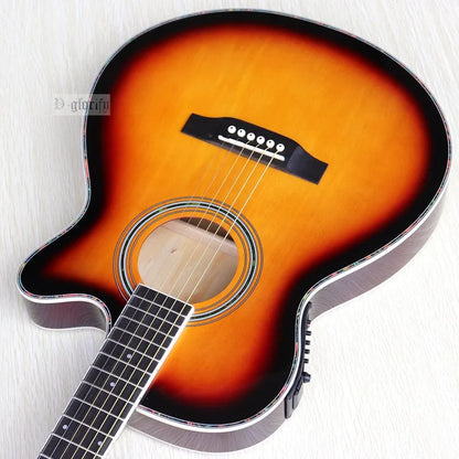 Thin-body acoustic-electric guitar placed inside a padded gig bag for safe storage and transport.